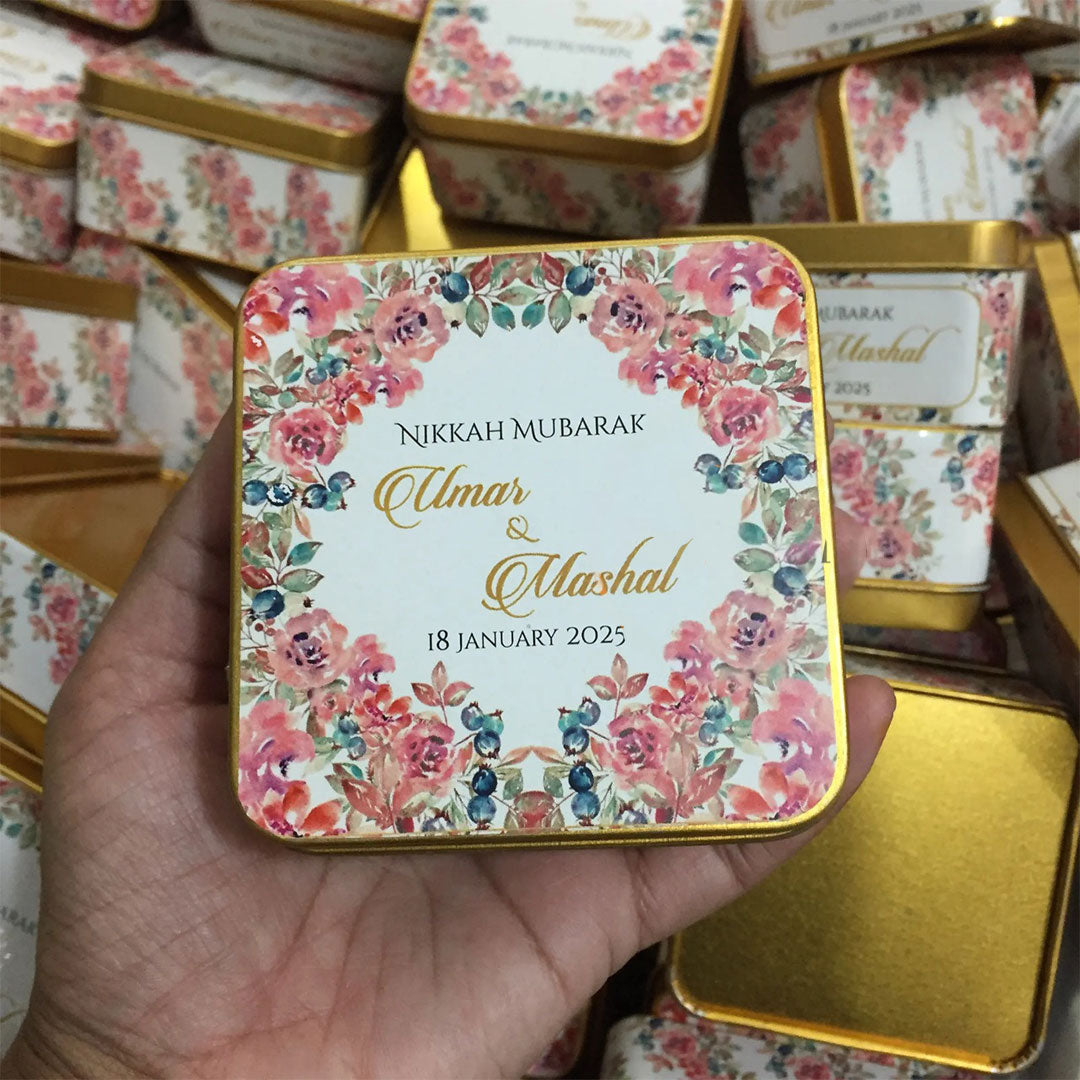 Pink Floral Square Tin Bid Box