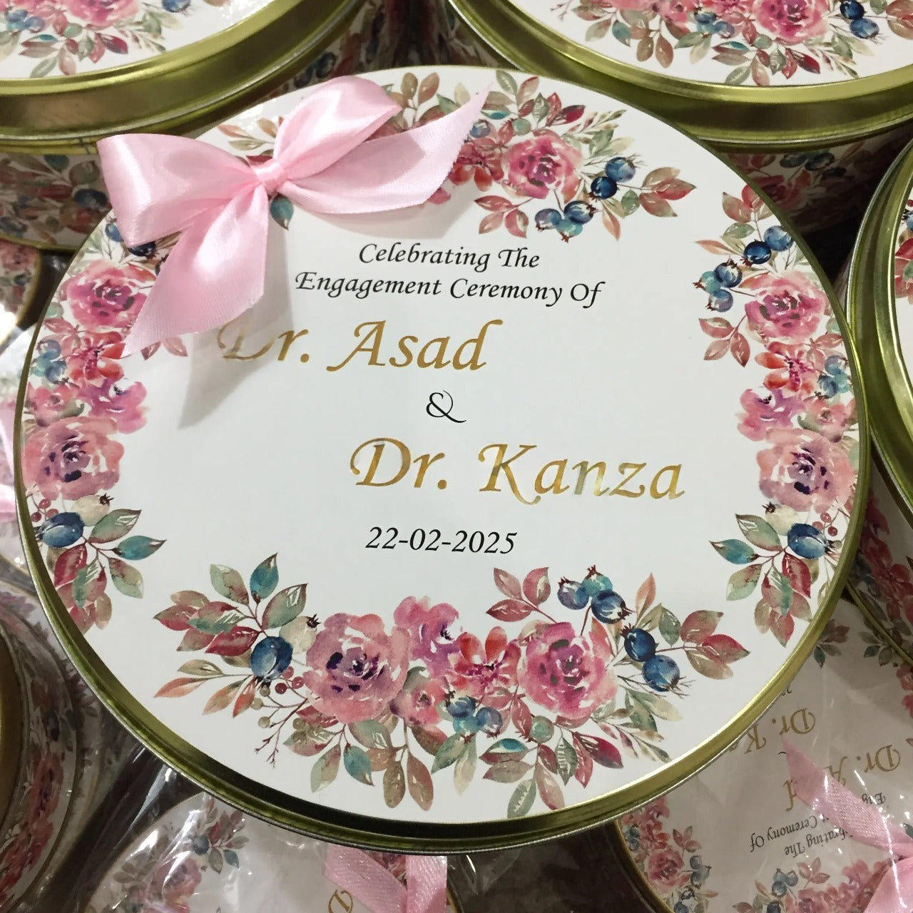 Pink Floral Design Tin Box With Bow