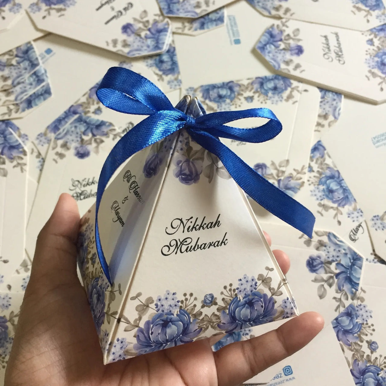 Triangle Box Blue Flowers Printed With Bow