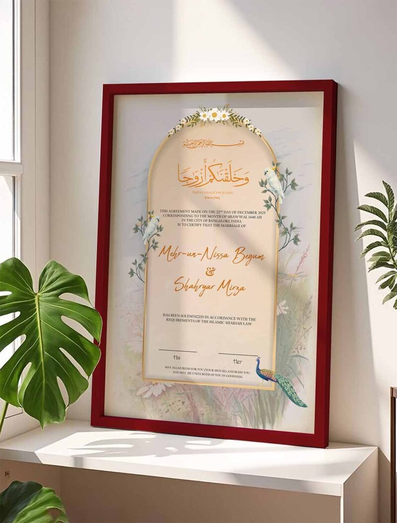 Birds Theme Nikkah Certificate with Wooden Frame