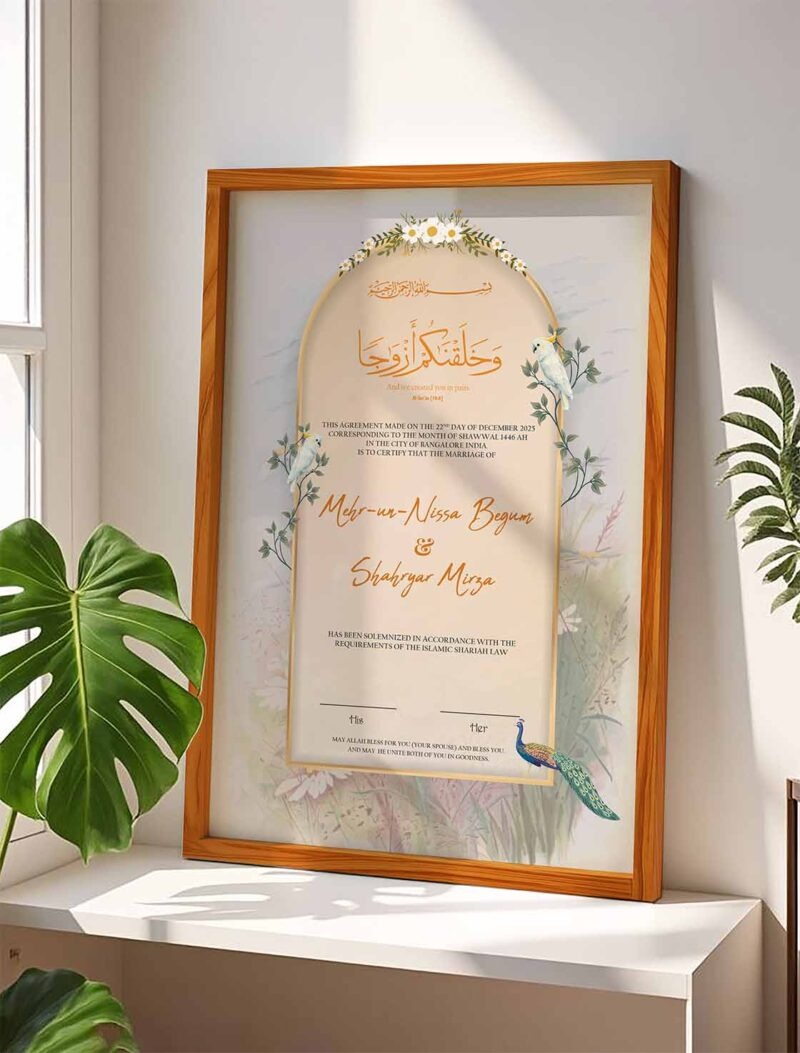 Birds Theme Nikkah Certificate with Wooden Frame