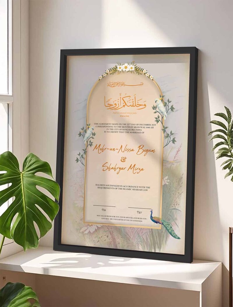 Birds Theme Nikkah Certificate with Wooden Frame